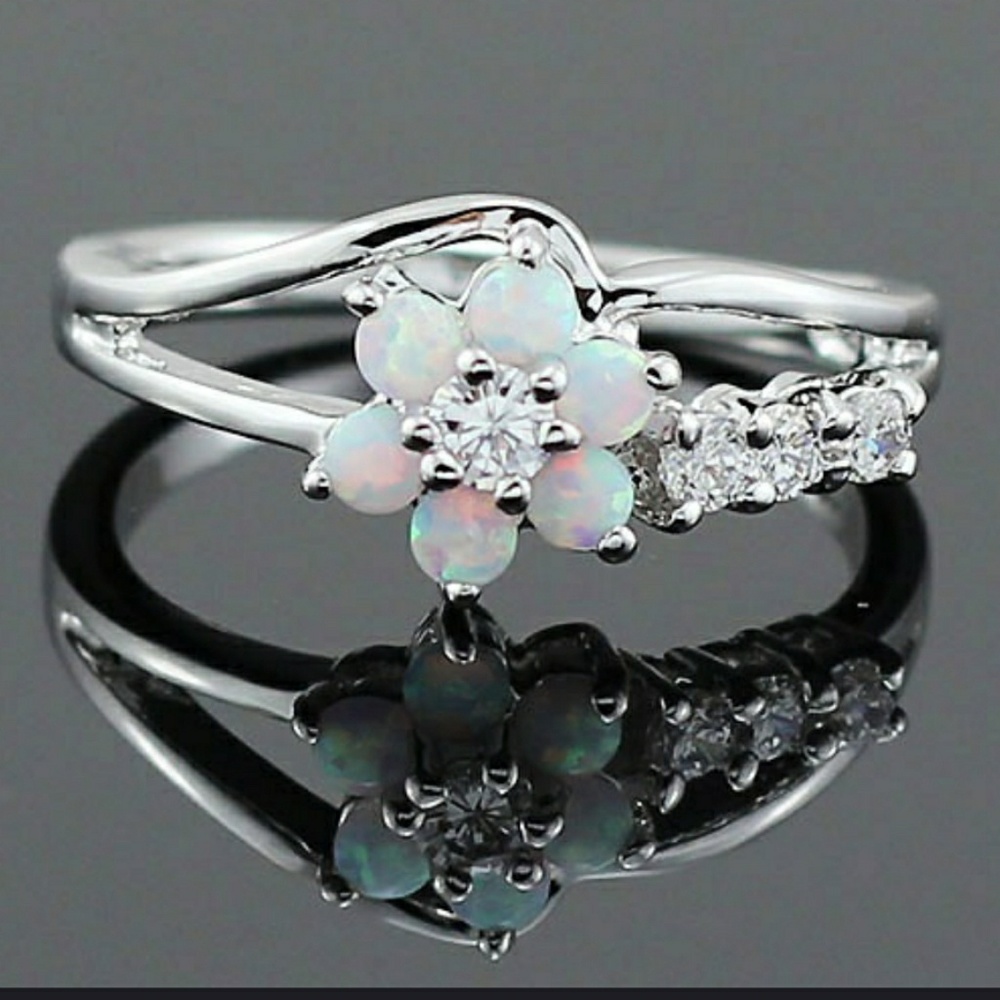 White Fire Opal Flower Ring